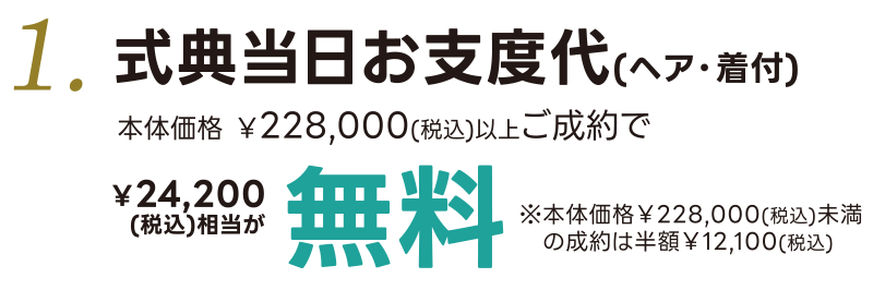 1. 式典当日お支度代(ヘア着付け)　本体価格¥228,800(税込)以上ご成約で ¥24,300(税込)相当が無料　※本体価格¥228,800(税込)未満のご成約は半額¥12,100(税込)
